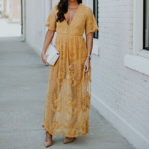 ⭐Socialite Golden Mustard Lace Romper Maxi Dress XS⭐